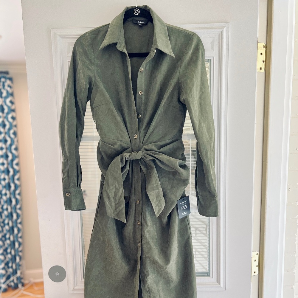 Autumnal Views Olive Green Suede Button-Up Tie-Front Midi Dress